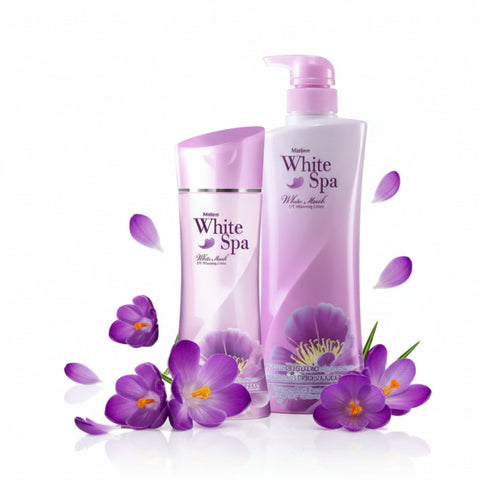 Two bottles of White Spa products with purple flowers on a white background