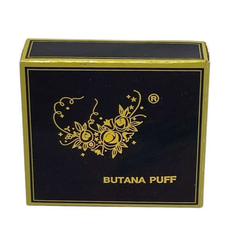Butana Puff product packaging with gold design and text on a black background