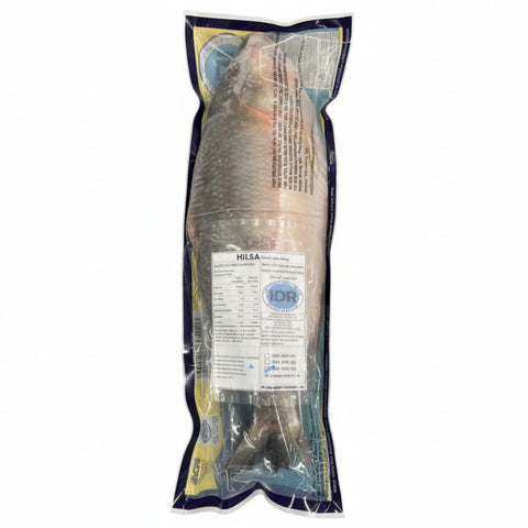 Hilsa fish in a clear plastic bag with labels on a neutral background