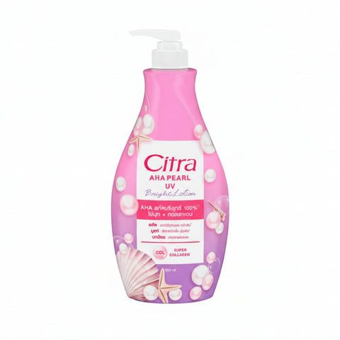 Pink bottle of Citra AHA Pearl UV body wash on a white background